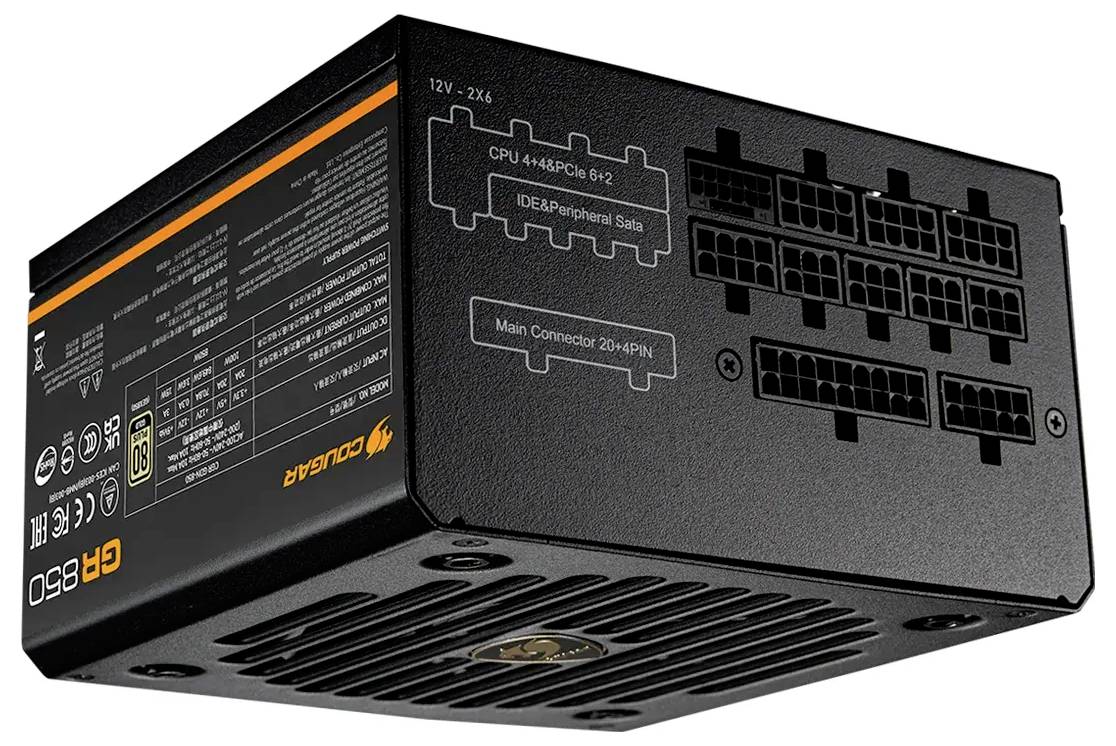 Napájecí zdroj Cougar CR850 s několika připojovacími porty pro CPU, periferní zařízení a hlavní konektor.
