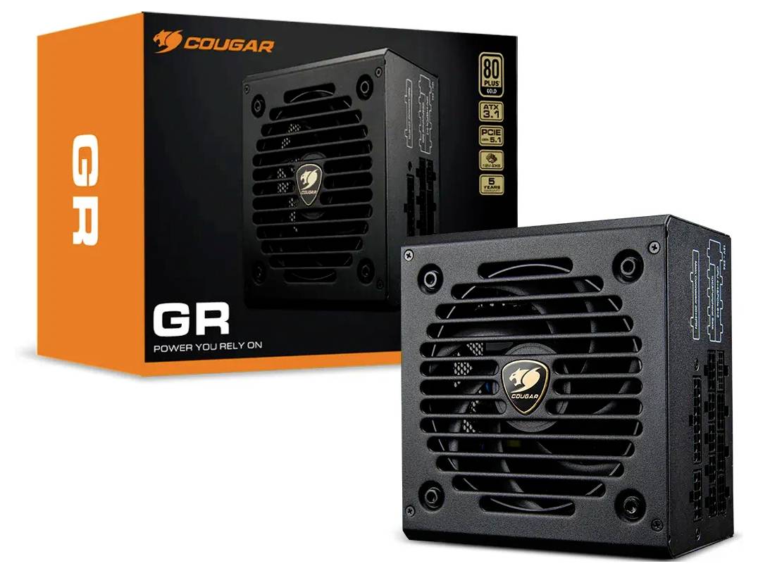 Napájecí zdroj 'Cougar GR' s větracími otvory pro ventilátor zobrazený vedle své krabice. Na krabici jsou zvýrazněny certifikace 80 Plus a klíčové vlastnosti.