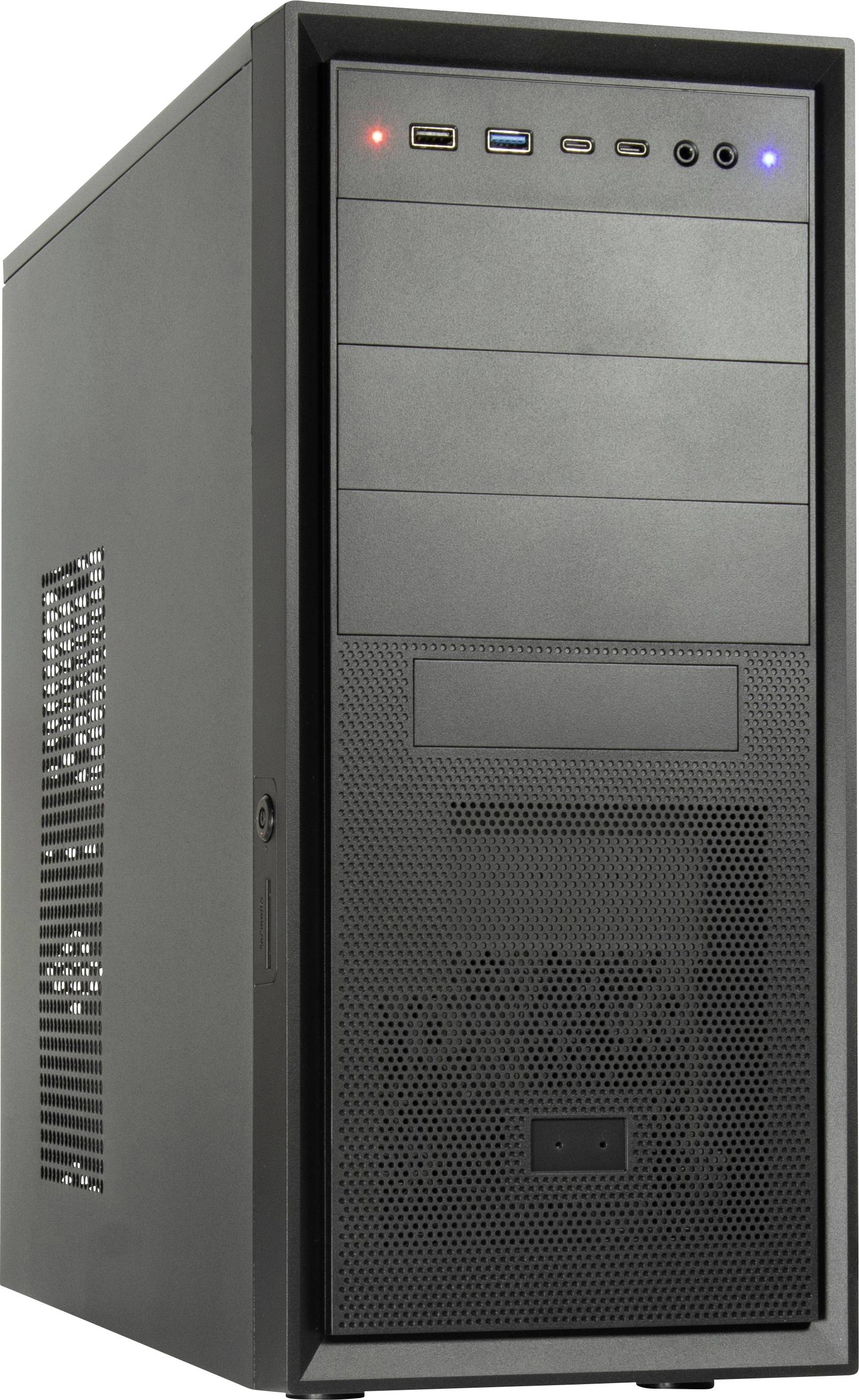 Černá desková počítačová skříň s několika porty a pozicemi pro mechaniky na předním panelu, určená pro instalaci a upgrady vlastního hardwaru.