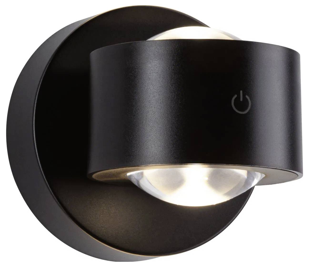 Moderní nástěnné LED svítidlo v černé barvě s kruhovým podstavcem a elegantním designem, které má na přední straně malý symbol napájení.