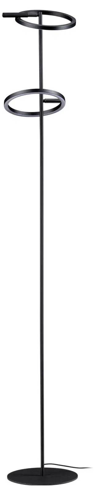 Vysoká černá stojací lampa se dvěma kruhovými LED světelnými prstenci umístěnými v různých úhlech podél vertikální tyče, stojící na kulatém podstavci.