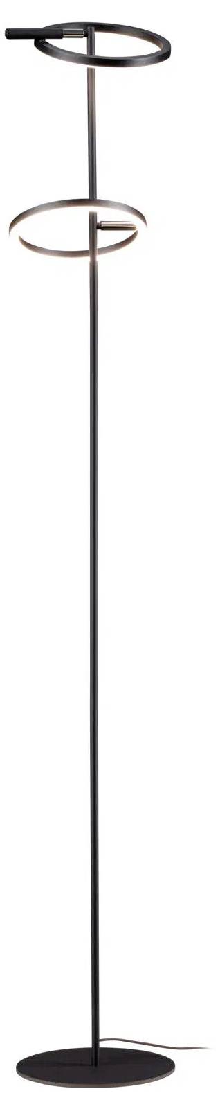Moderní černá stojací lampa se dvěma kruhovými LED světelnými prstenci připevněnými na štíhlém sloupu, stojící na kulatém podstavci.