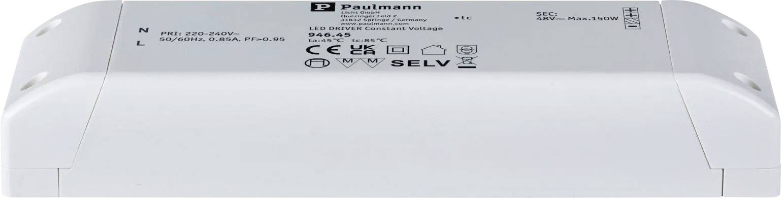 Obdélníkový LED napájecí zdroj s označením 'Paulmann', 12V, max. 150W; zobrazuje elektrické symboly a specifikace pro připojení a použití.
