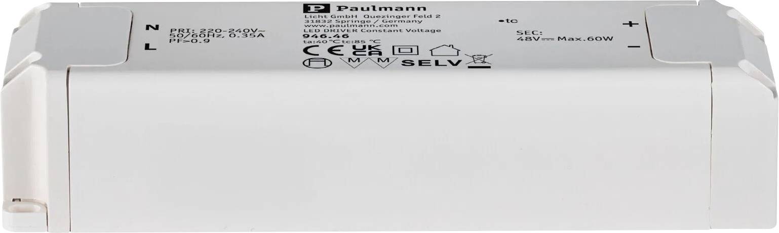 Obdélníkový elektronický přístroj označený štítkem 'Paulmann', který zobrazuje technické specifikace a symboly připojitelnosti na svém povrchu.