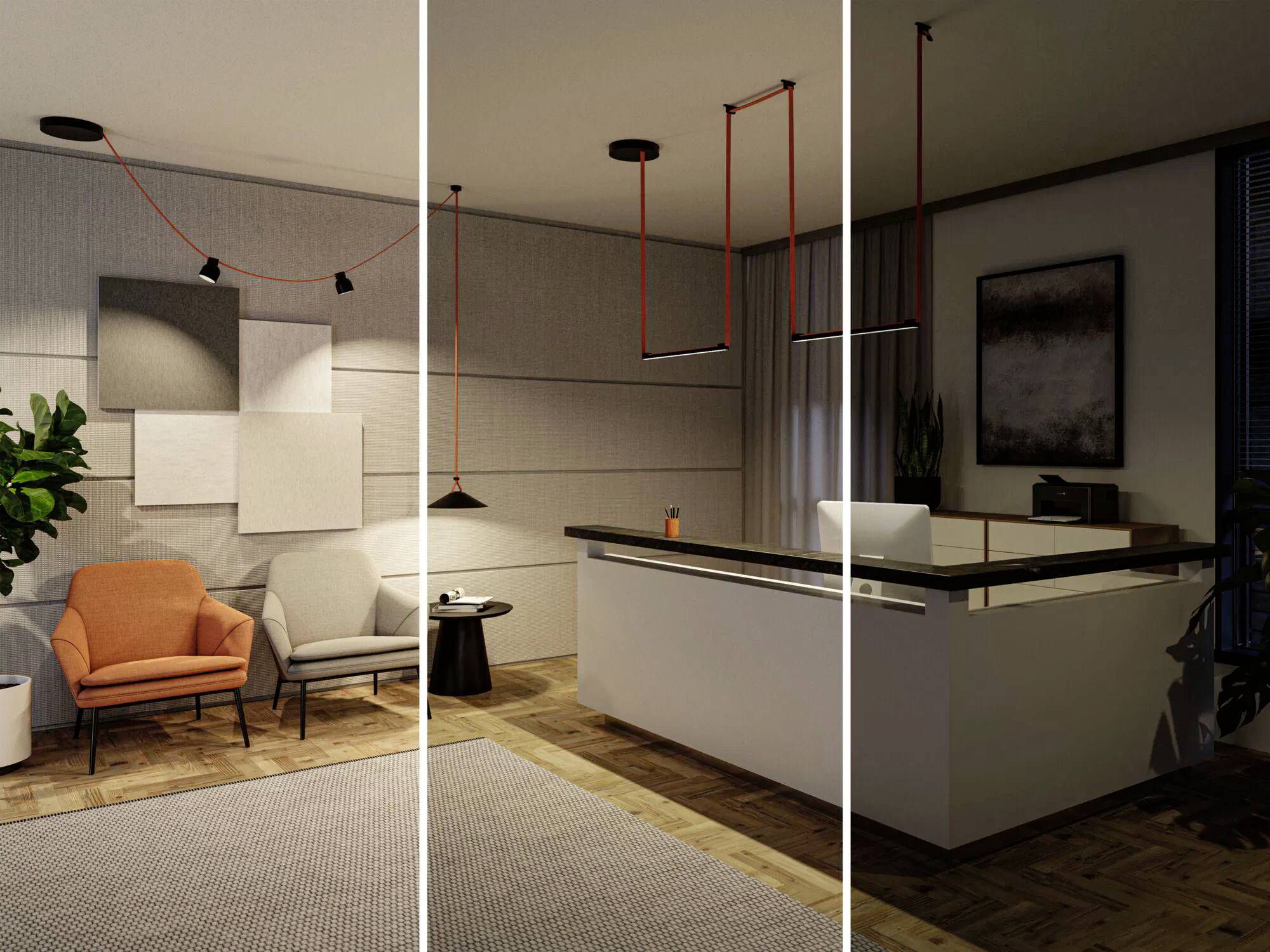 Moderní recepční prostor s recepcí, dvěma křesly a nástěnným uměním. Teplé osvětlení zvýrazňuje čistý, minimalistický design a dekoraci.