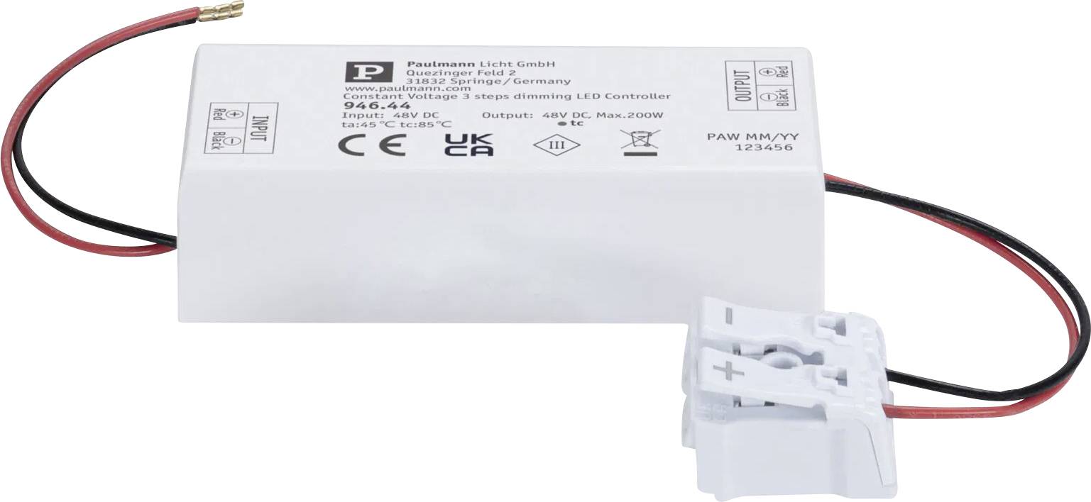 Obdélníkový LED ovladač v krabičce s vodiči, označený 'Paulmann Licht GmbH', vhodný pro stmívání LED osvětlení, max. 200W.