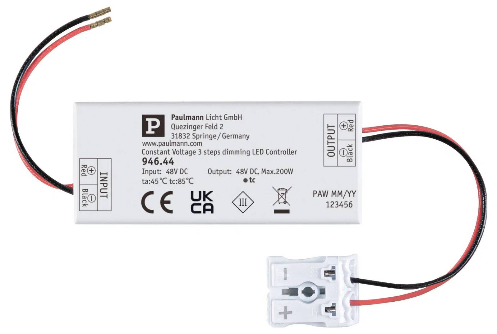 'LED ovladač, model 946.44 od společnosti Paulmann Licht GmbH, pro konstantní napětí a 3-stupňové stmívání. Vstup: 48V DC, Výstup: 48V DC Max 200W.'