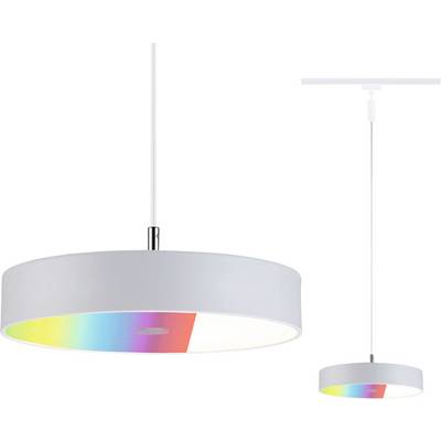 Moderní závěsná stropní lampa s bílým stínidlem, která má uvnitř jasnou duhovými barvami zbarvenou sekci, umístěná na bílém pozadí.