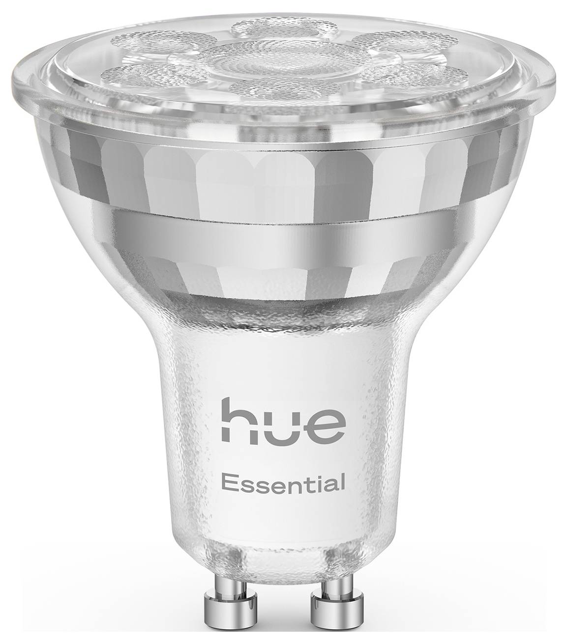 LED žárovka označená 'hue Essential' se základnou GU10, vyznačující se kovovým a průhledným designem.
