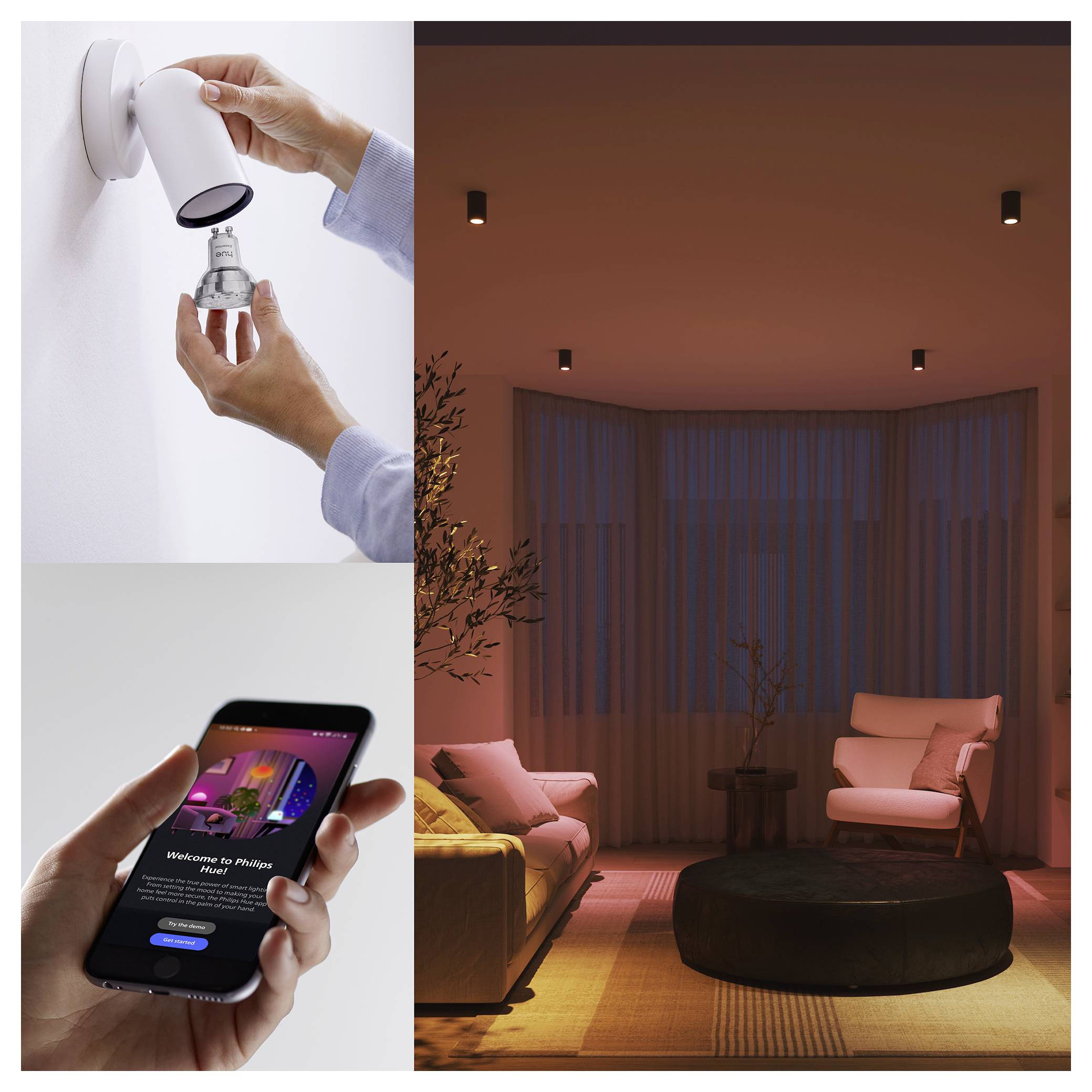 Člověk instaluje chytrou žárovku; telefon zobrazuje aplikaci 'Vítejte v Philips Hue'; místnost s tlumeným osvětlením a moderním nábytkem, osvětlená chytrými světly.