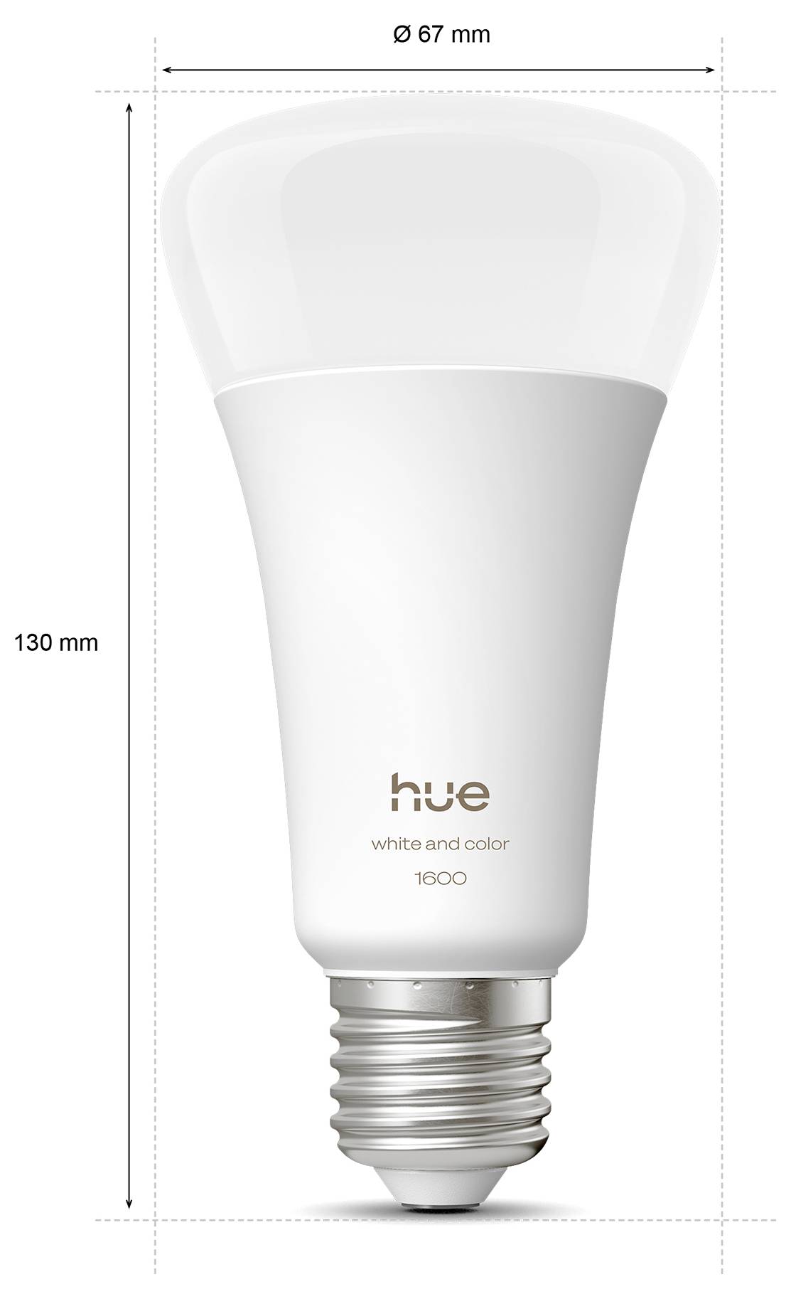 Bílá chytrá LED žárovka s textem "hue white and color 1600". Rozměry žárovky: průměr 67 mm, výška 130 mm.
