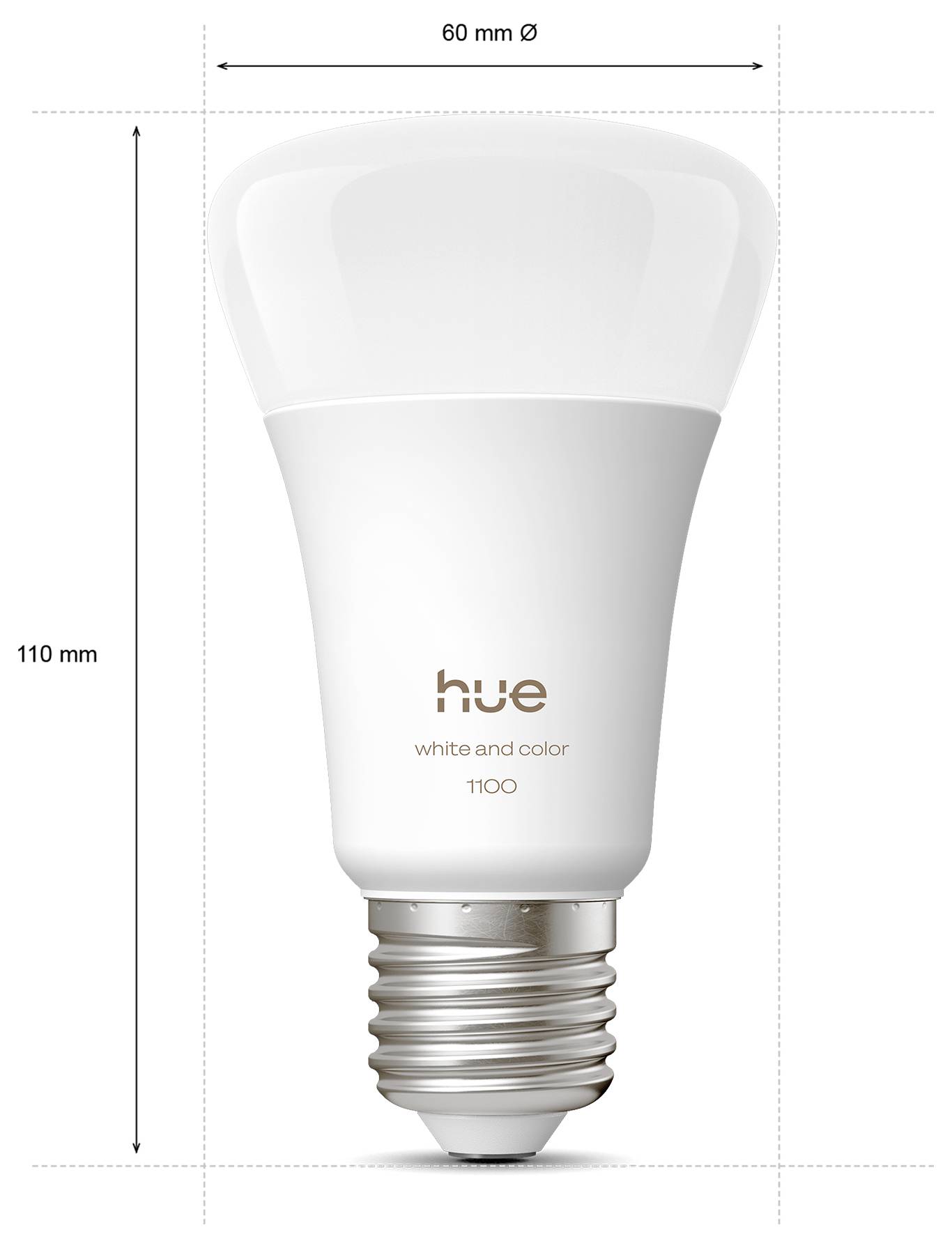 Bílá chytrá LED žárovka označená 'hue white and color 1100' s rozměry: 110 mm výška, 60 mm průměr.