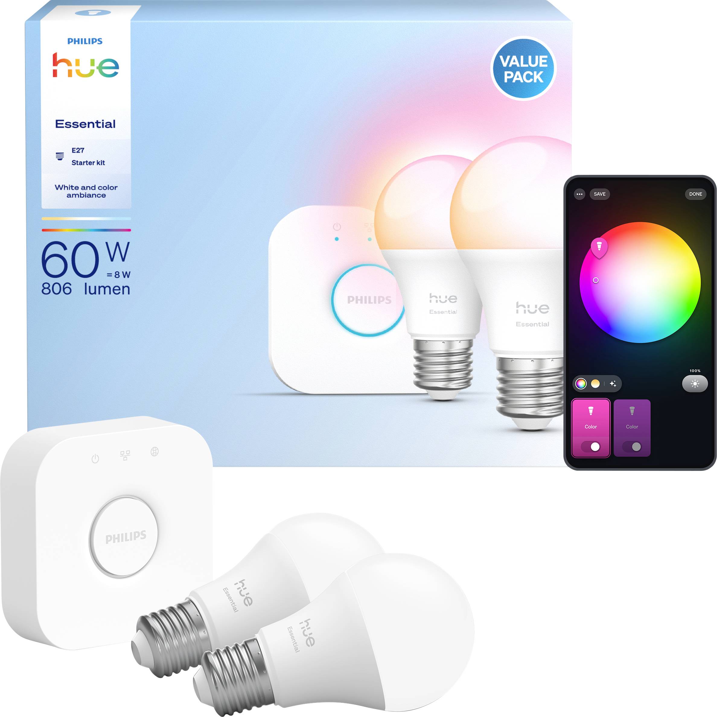 Philips Hue Essential E27 startovací sada zobrazující dva chytré LED žárovky, chytrý rozbočovač a mobilní aplikační rozhraní s výběrem barev.