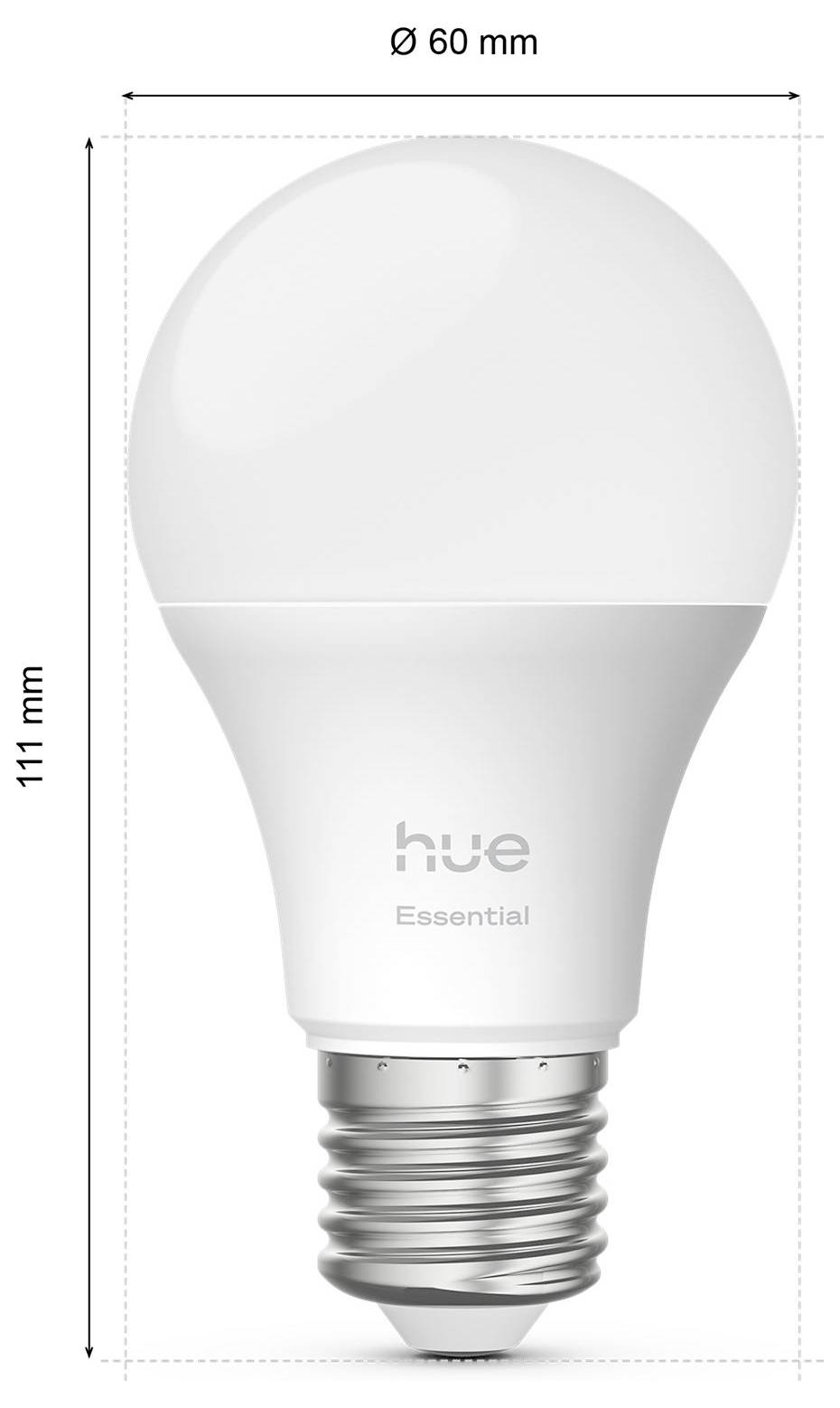 LED žárovka 'Philips Hue Essential' s rozměry: 111 mm výška, 60 mm průměr.