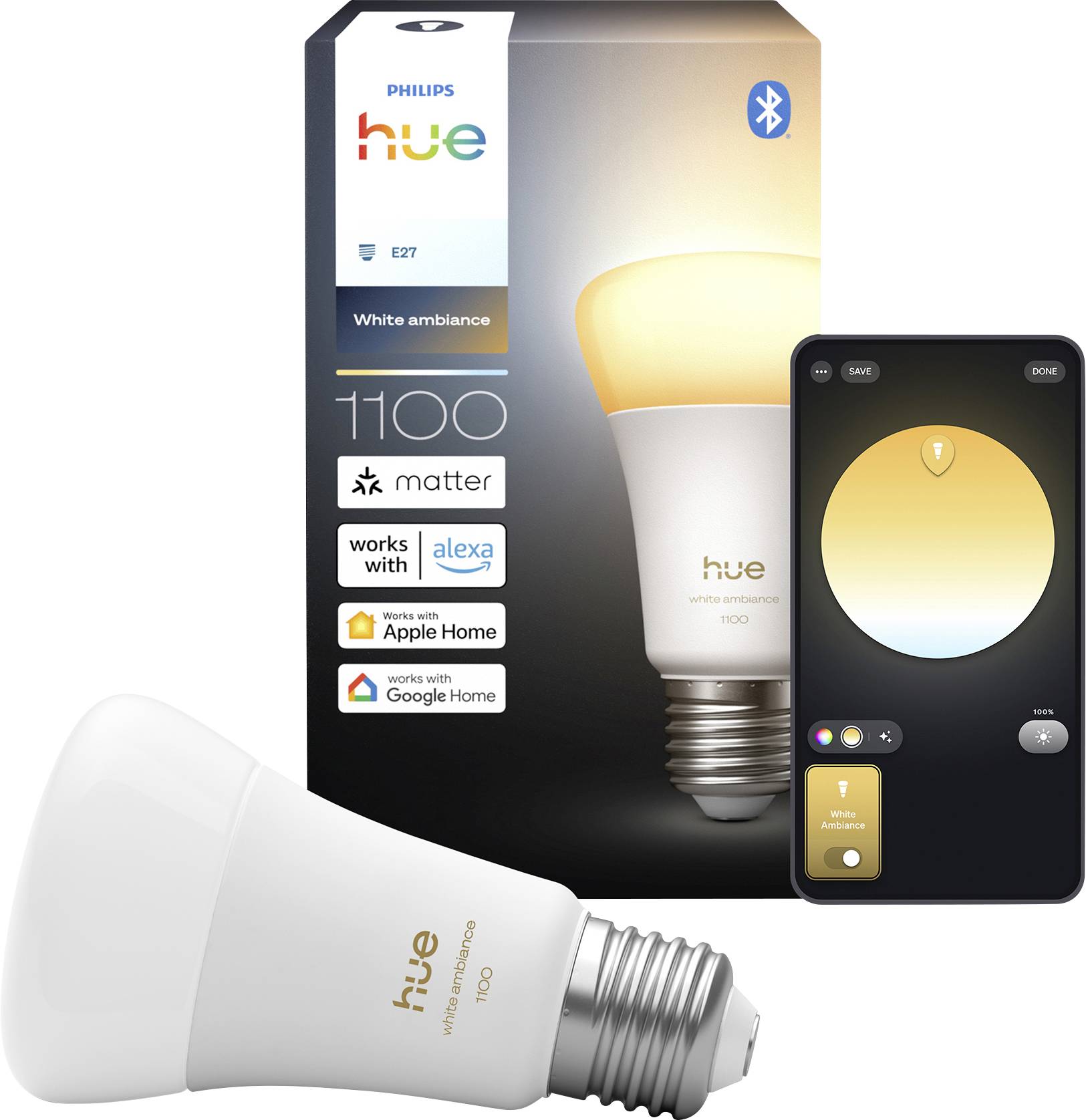 Inteligentní žárovka Philips Hue s bílým ambientním světlem vedle svého originálního balení. Smartphone zobrazuje rozhraní aplikace s ovládáním jasu a barevné teploty žárovky.