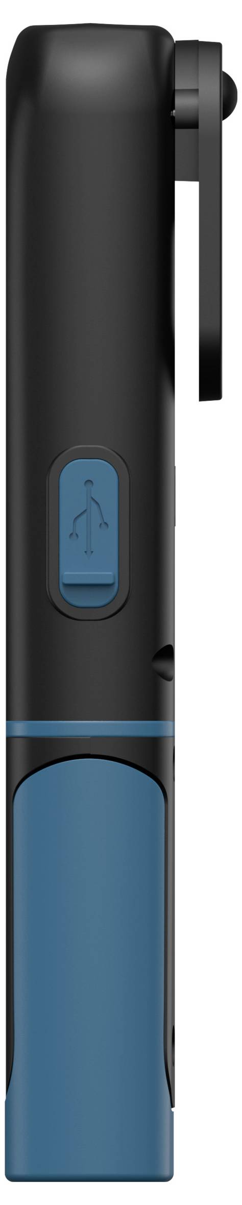 Černé pero s tyrkysovým nádechem s klipem, stojící vertikálně. Pero má minimalistický design a štíhlý profil, vhodný pro nošení v kapse.