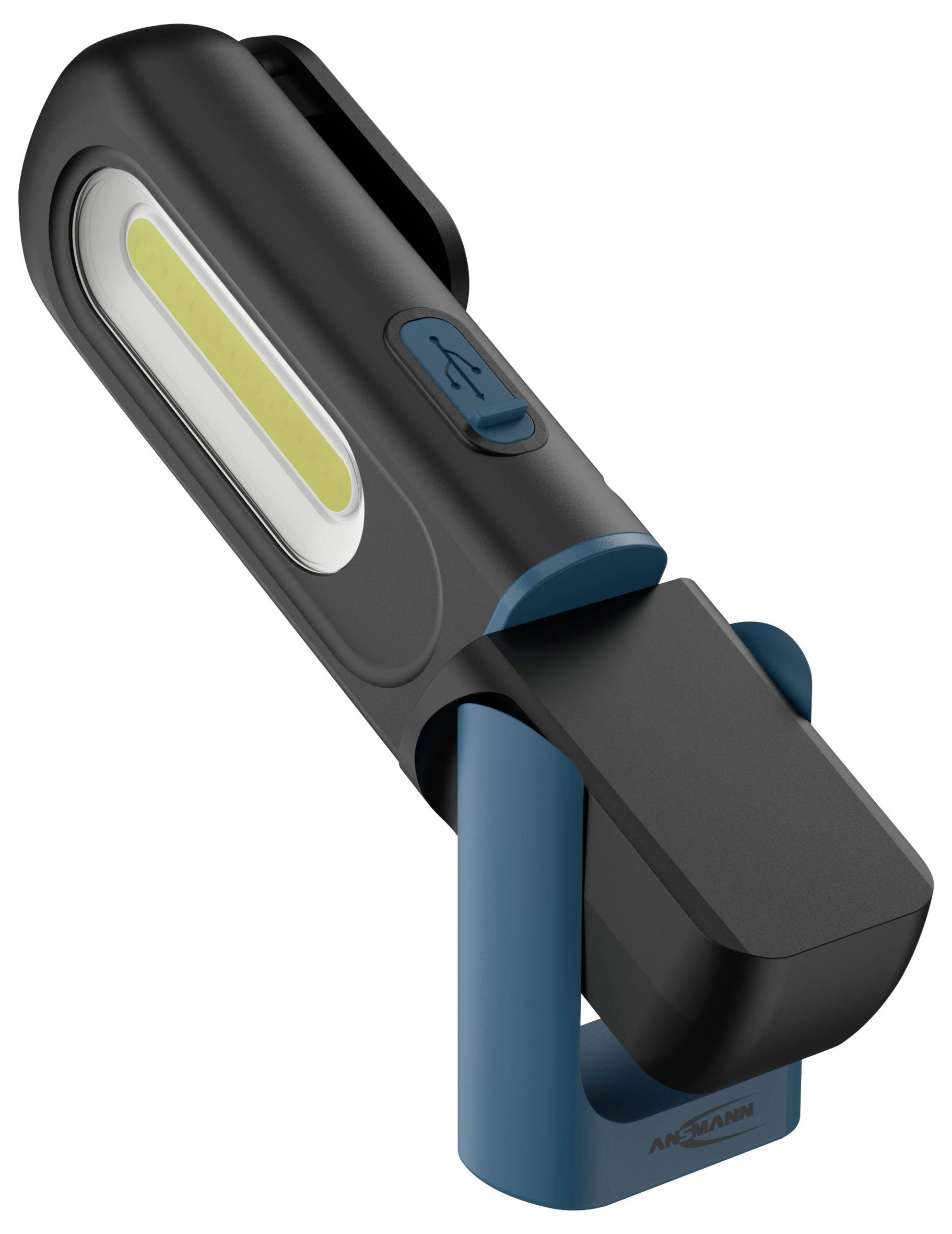 Kompaktní, multifunkční svítilna v černé a modré barvě s nastavitelnou základnou a USB nabíjecím portem.