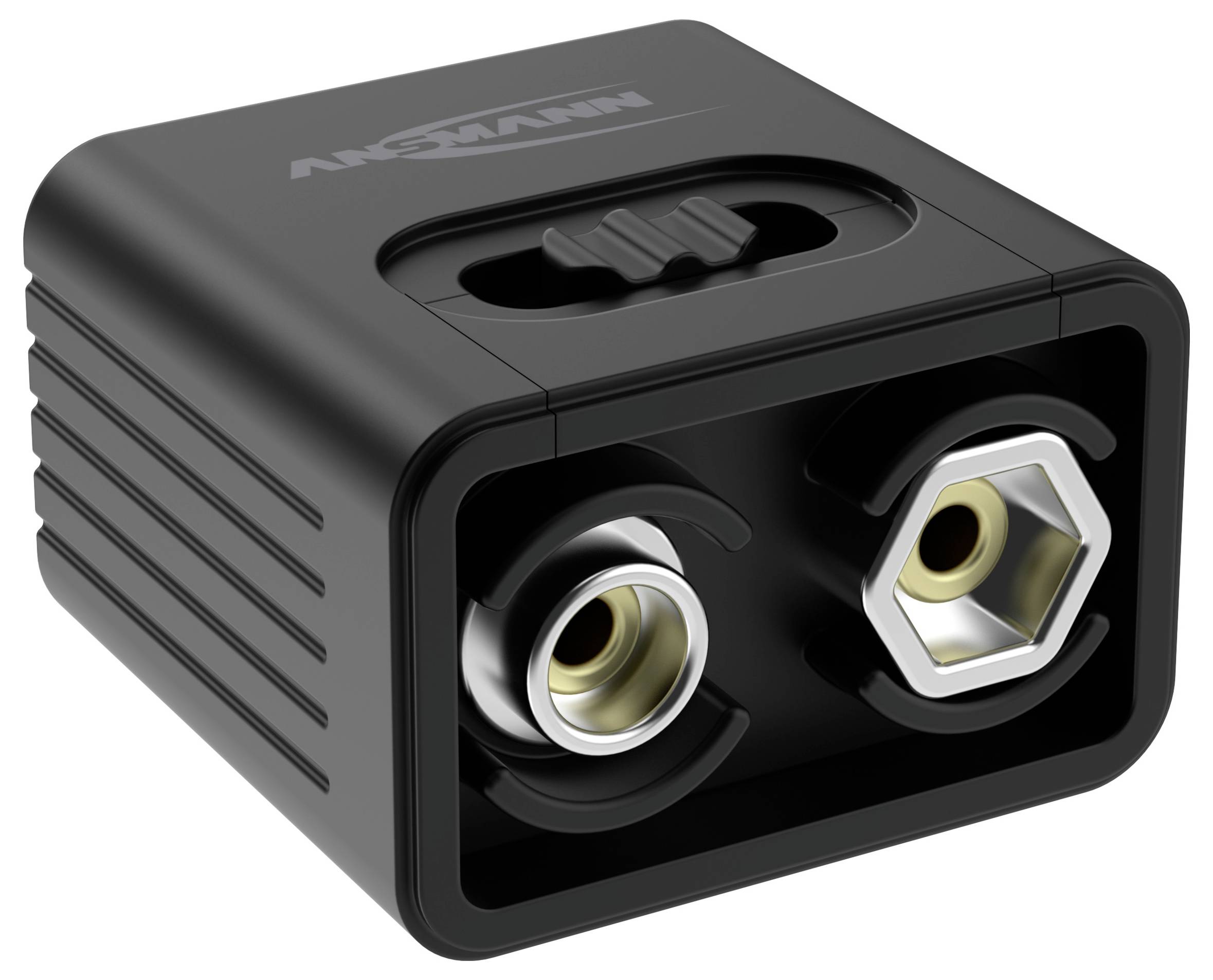 Černý audio adaptér s duálními porty a nastavitelným přepínačem na horní straně, vhodný pro připojení sluchátek nebo reproduktorů.