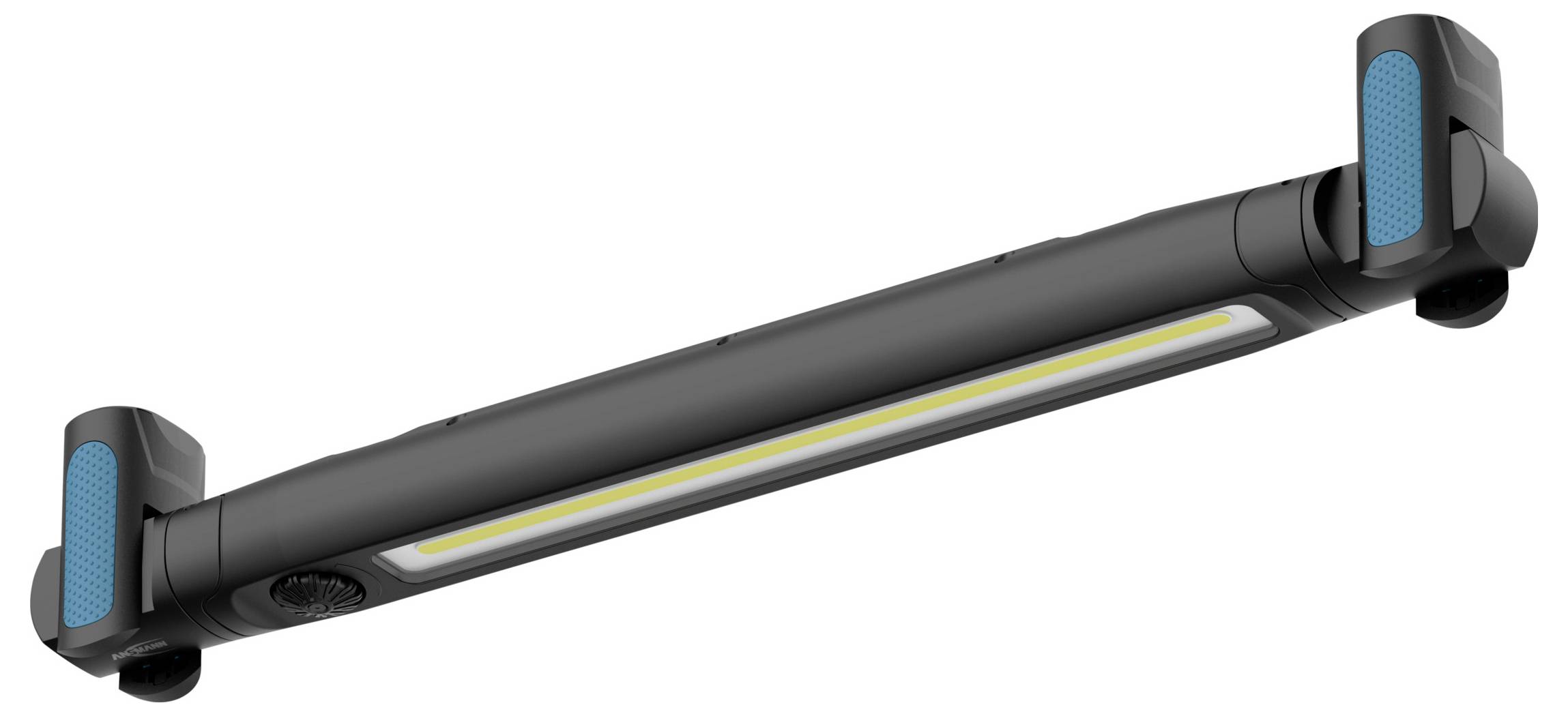 Elegantní černá LED světelná lišta s nastavitelnými modrými koncovkami a centrálním LED páskem, navržená pro všestranné možnosti montáže.
