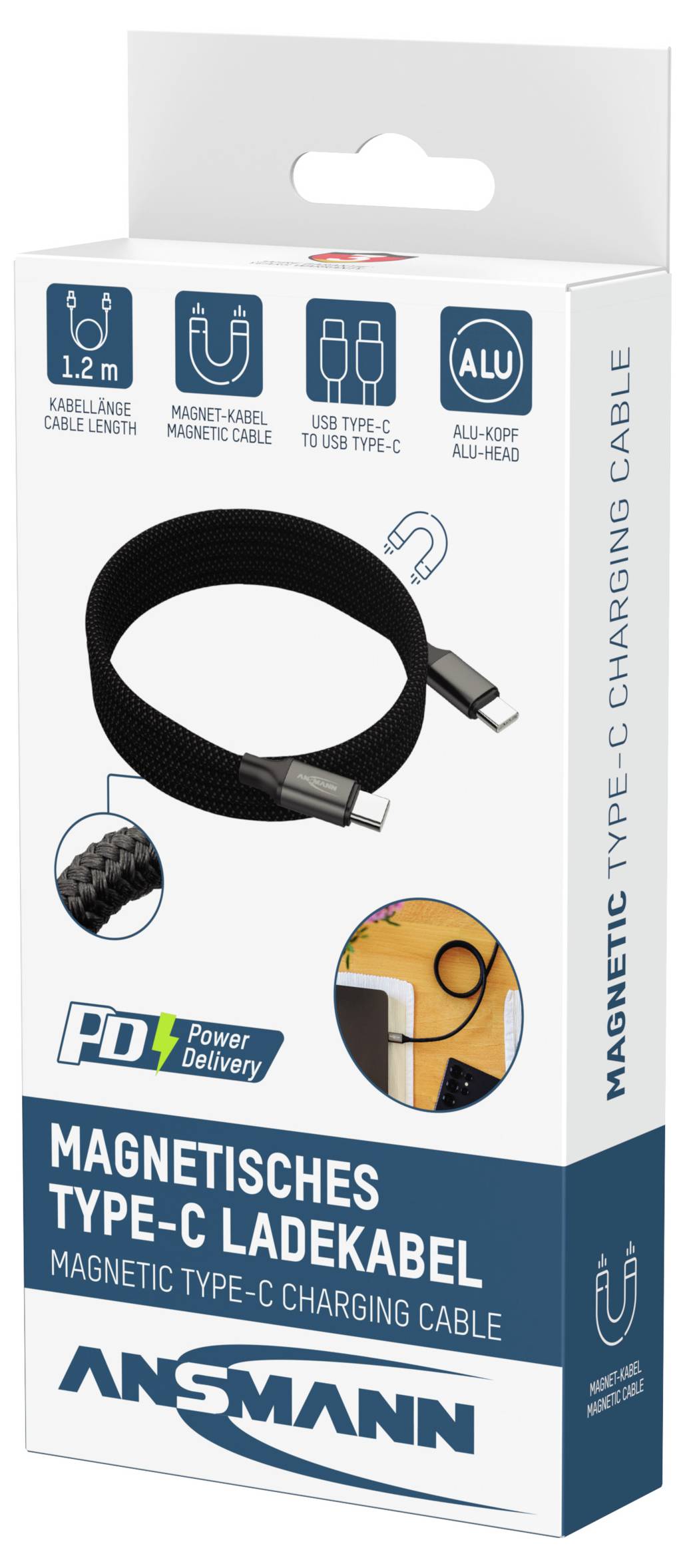 Nabíjecí kabel Ansmann Magnetic Type-C, balení zdůrazňuje délku 1,2 m, USB Type-C, hliníkovou hlavici a funkci Power Delivery.