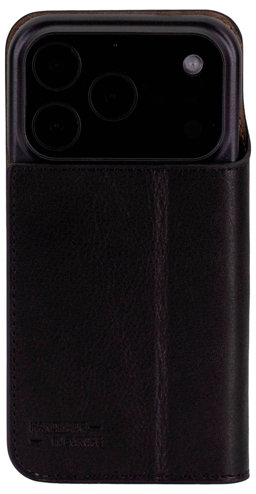 Černý kožený kryt na telefon s výřezy pro fotoaparát na zadní straně.