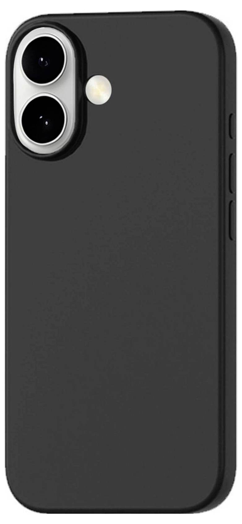 Černý obal na smartphone s výřezy pro duální fotoaparát a otvorem pro blesk na zadní straně, navržený pro moderní modely telefonů.