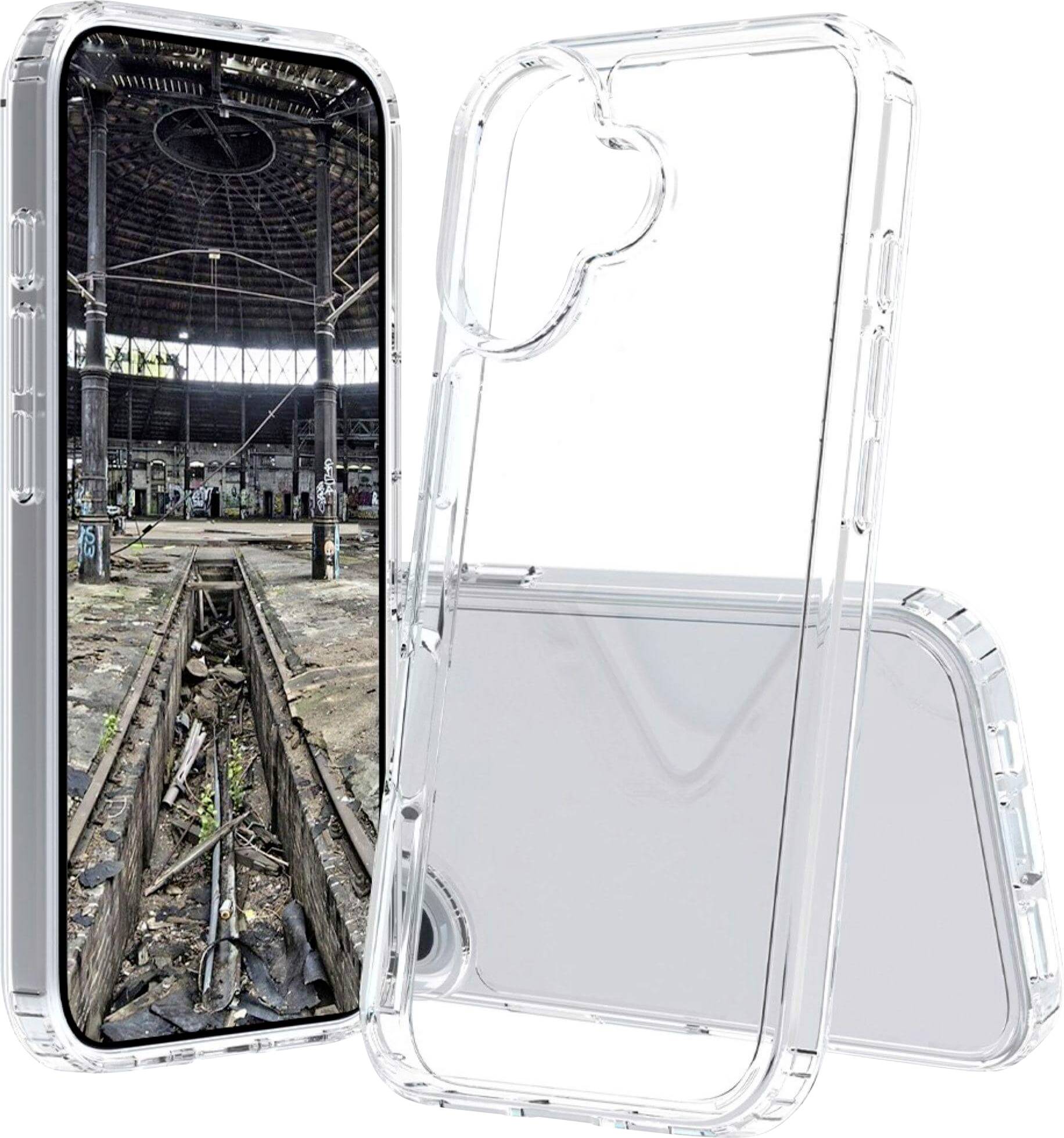 Transparentní obal na telefon ukazuje displej smartphonu se zobrazenou průmyslovou, opuštěnou železniční stanicí. Obal má zvýšené hrany pro ochranu.