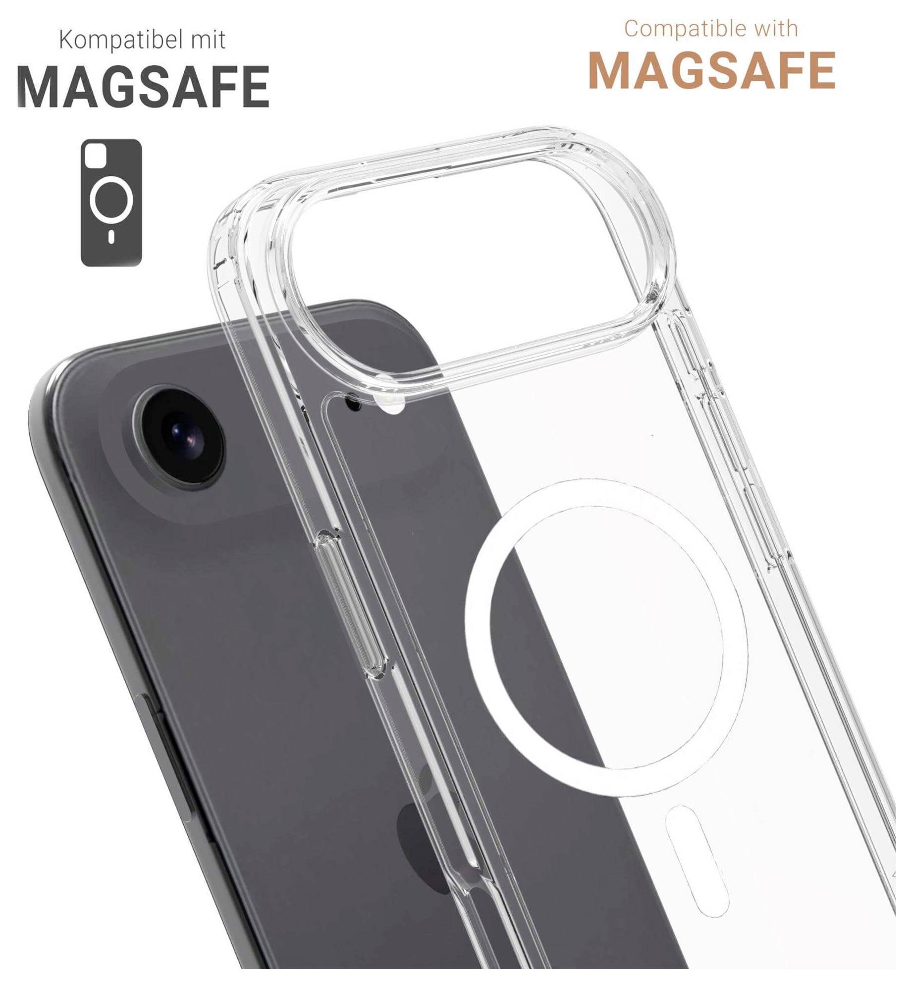 Obal na telefon kompatibilní s MagSafe, zobrazený s telefonem. Obal je transparentní s kruhovým designem MagSafe. Text v angličtině a němčině.