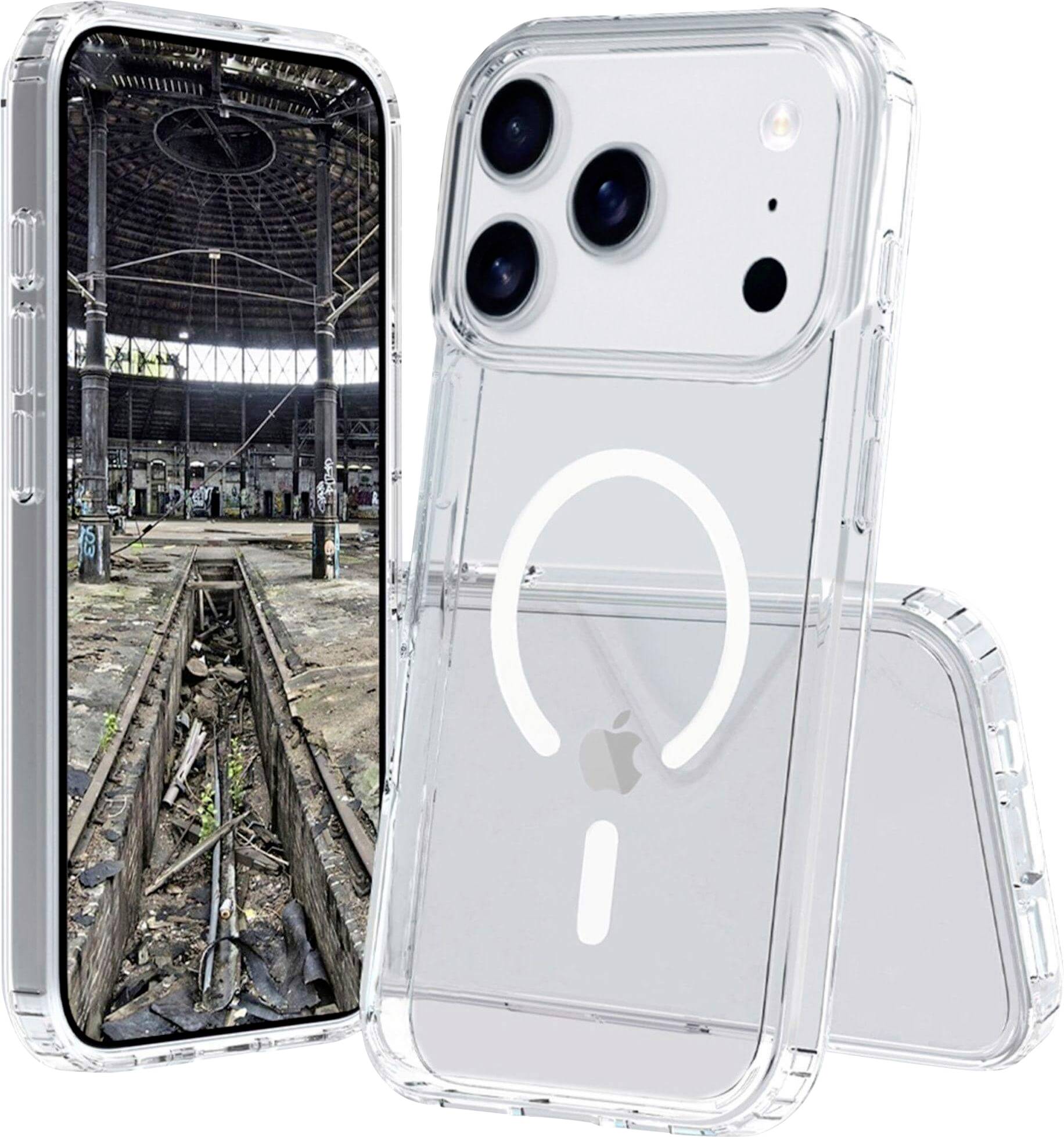 Průhledný telefonní kryt zobrazující smartphone s obrazem opuštěného vlakového nádraží uvnitř.