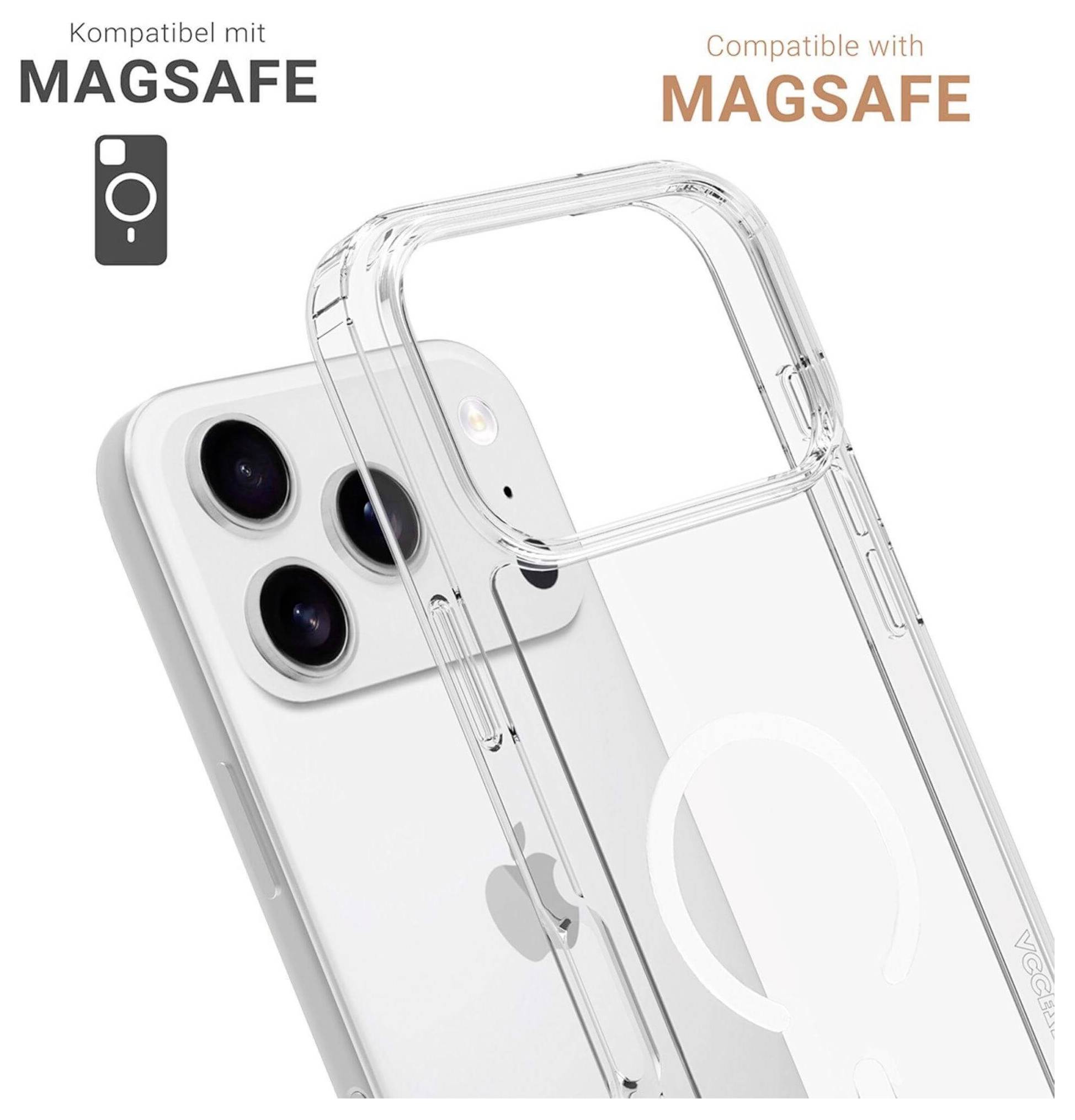 Transparentní pouzdro na telefon kompatibilní s MagSafe. Text v němčině 'Kompatibel mit MAGSAFE' a v angličtině 'Compatible with MAGSAFE'.