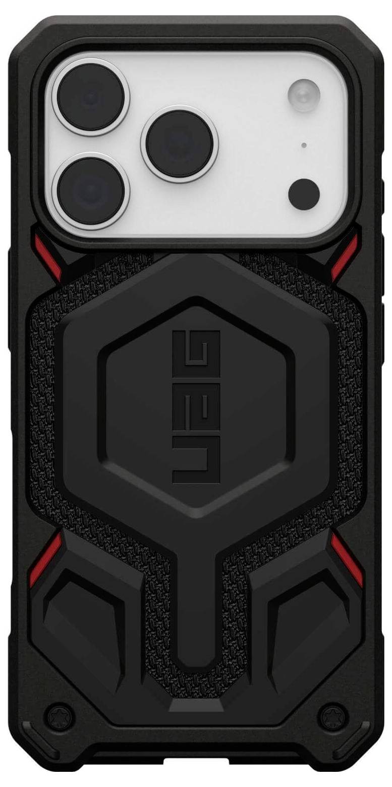 Odolný smartphonový kryt v černé a červené barvě s výrazným hexagonálním designem a logem 'UAG', který má na zadní straně výřezy pro trojitý fotoaparát.