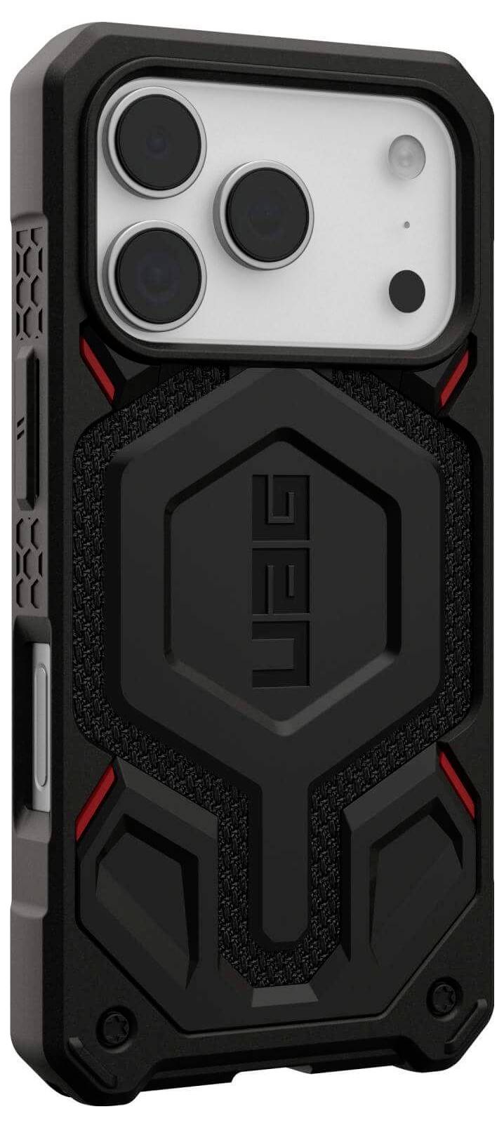 Odolný smartphonový kryt s texturovaným, pancéřovaným designem vykazuje výrazné firemní označení. Kryt zahrnuje zesílené rohy a výřezy.