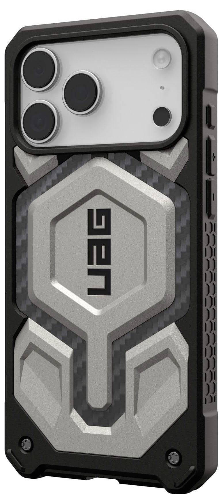 Odolný černostříbrný kryt na telefon s hexagonálním designovým vzorem a výrazným logem UAG, navržený pro maximální ochranu.