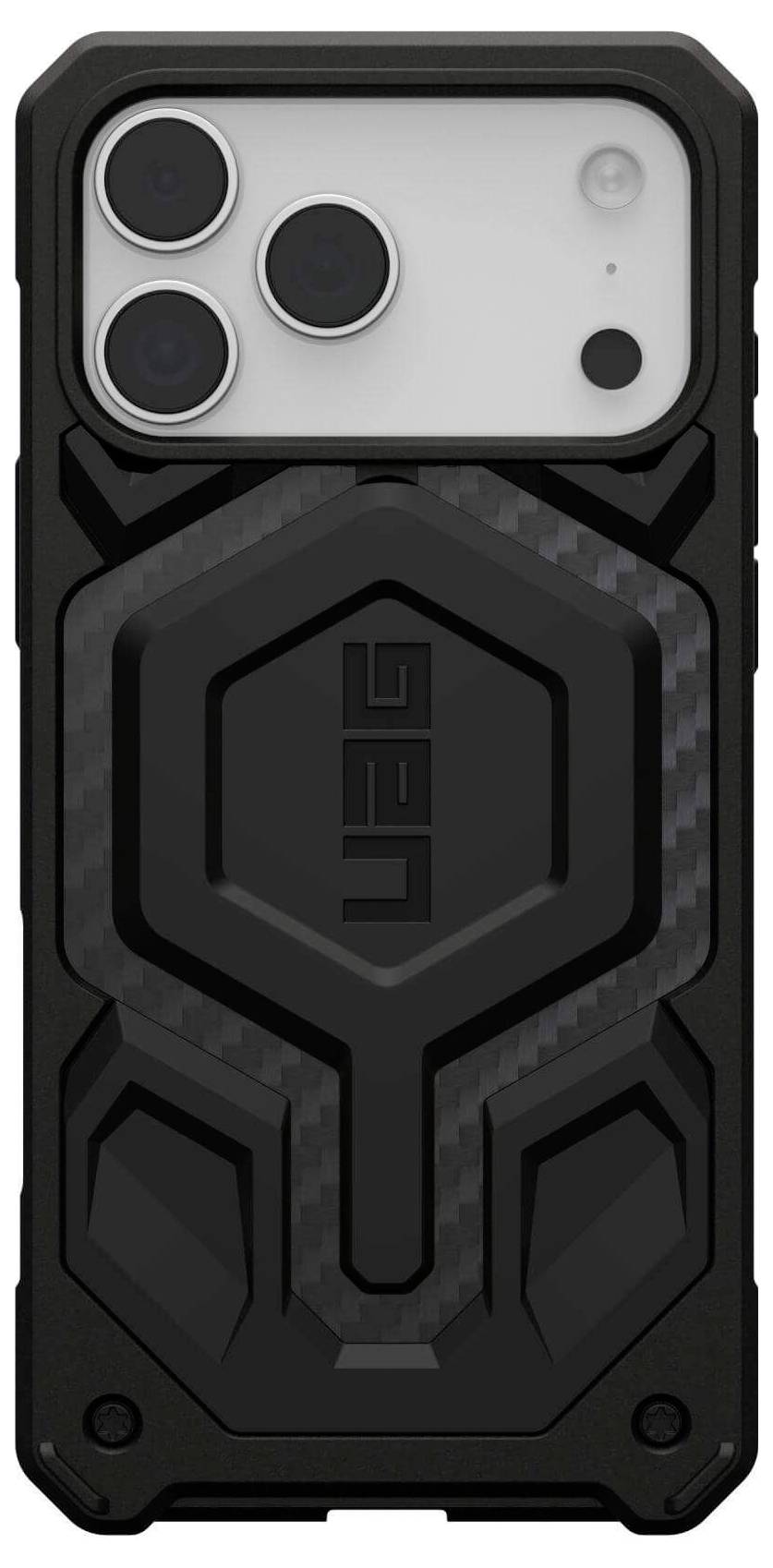 Odolný černý kryt na telefon s geometrickým vzorem a třemi výřezy pro fotoaparát v horní části, určený k ochraně chytrého telefonu.