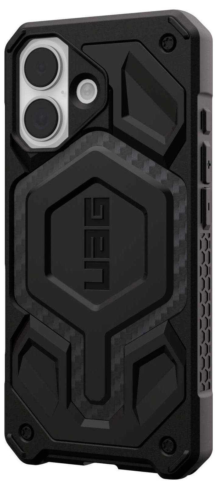 Odolný černý kryt na telefon s geometrickým designem a texturovaným povrchem, určený k ochraně před nárazy.