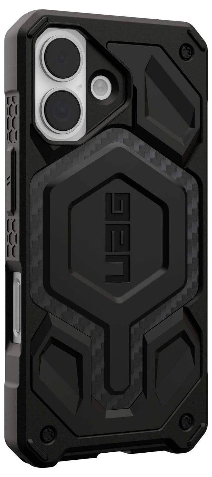 Odolný černý telefonní kryt s geometrickým designem a velkou výřezem pro fotoaparát, který má uprostřed logo 'UAG', navržený pro ochranu.