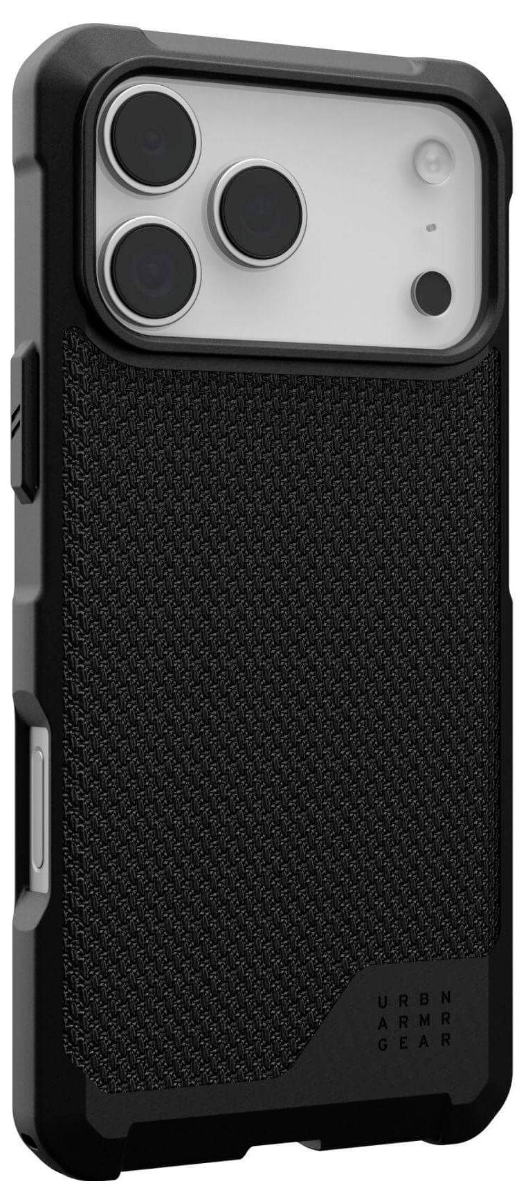 Černý ochranný kryt Urban Armor Gear s texturovaným zadním povrchem, navržený pro smartphone, s viditelnými zesílenými rohy a přesnými výřezy.