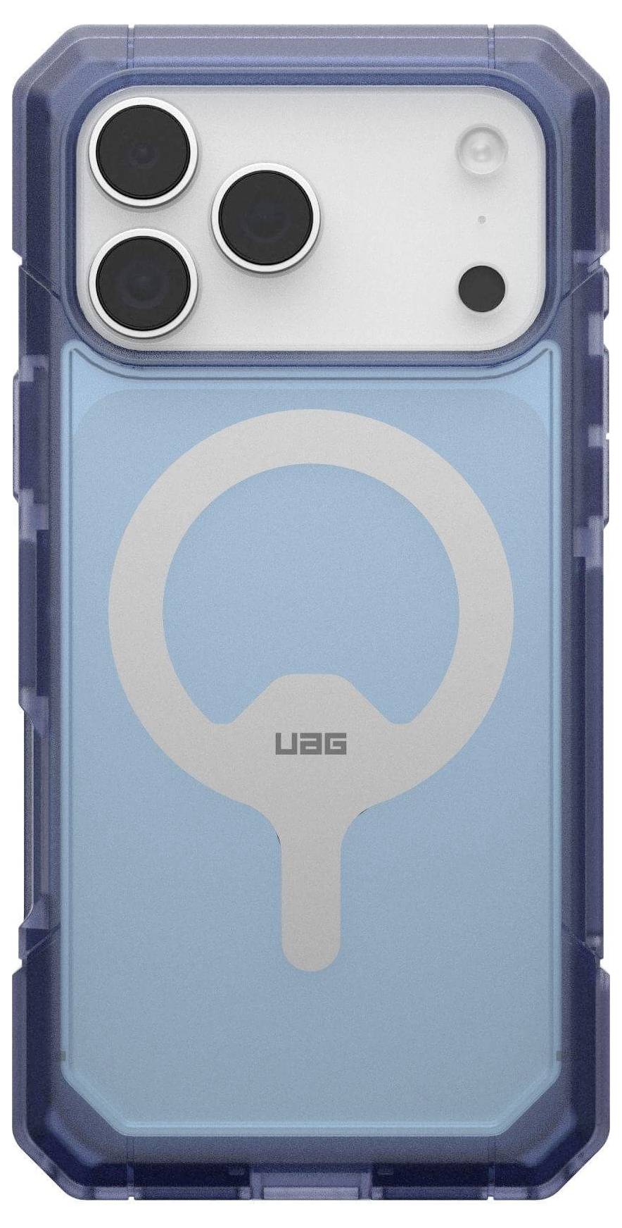 Smartphone s modrým průhledným ochranným pouzdrem, který zobrazuje tři fotoaparátové čočky a centrální kruhový design na zadní straně.