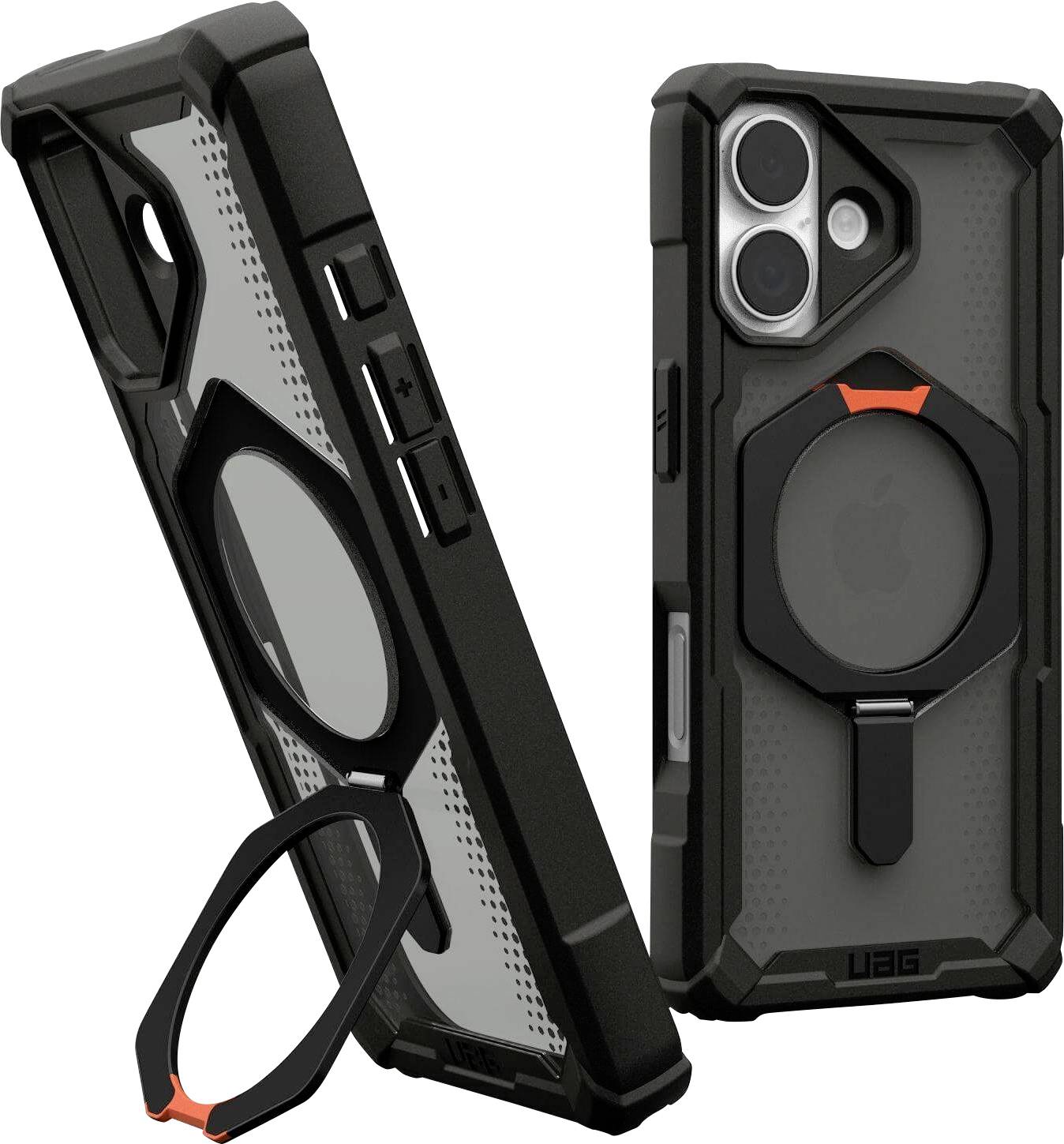 Odolný černý smartphone kryt s oranžovými akcenty pro ochranu, s kruhovým úchopem na zadní straně, zobrazený z předního a zadního pohledu.
