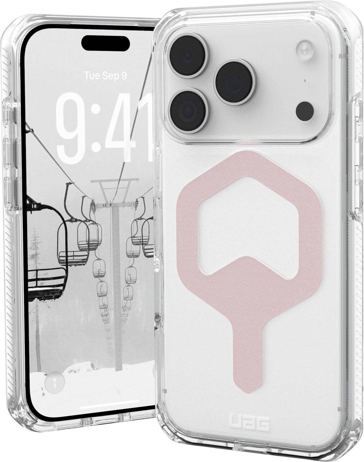 Průhledný telefonní kryt zobrazující telefon s displejem '9:41, Út 9. září.' Kryt má stylizovaný růžový design.