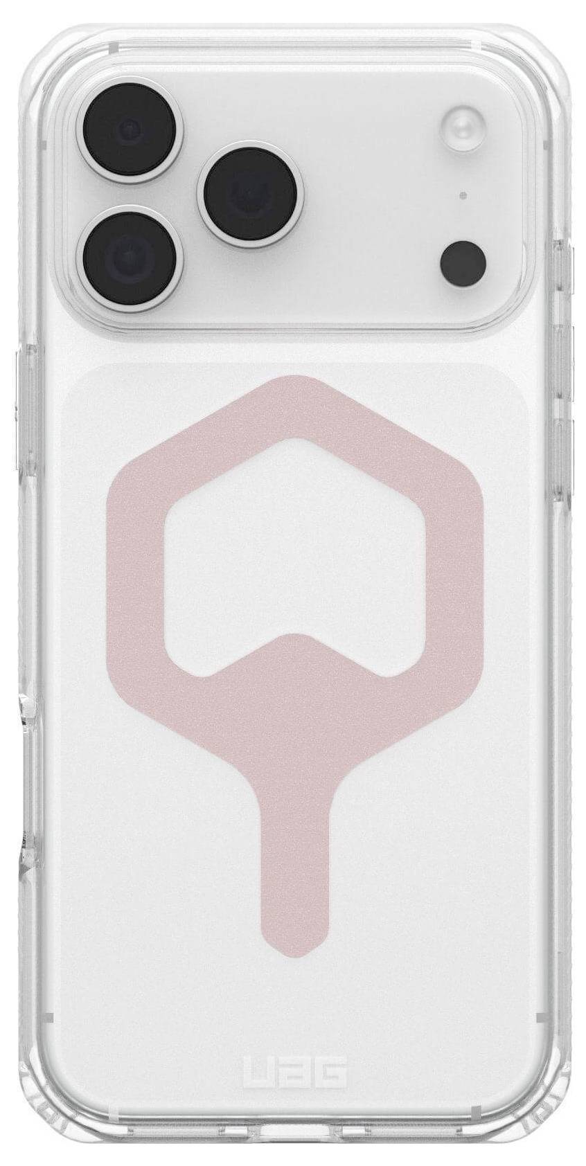 Obal na smartphone s průhledným designem, na zadní straně s velkým růžovým geometrickým emblémem. Nahoře jsou viditelné tři objektivy fotoaparátu.