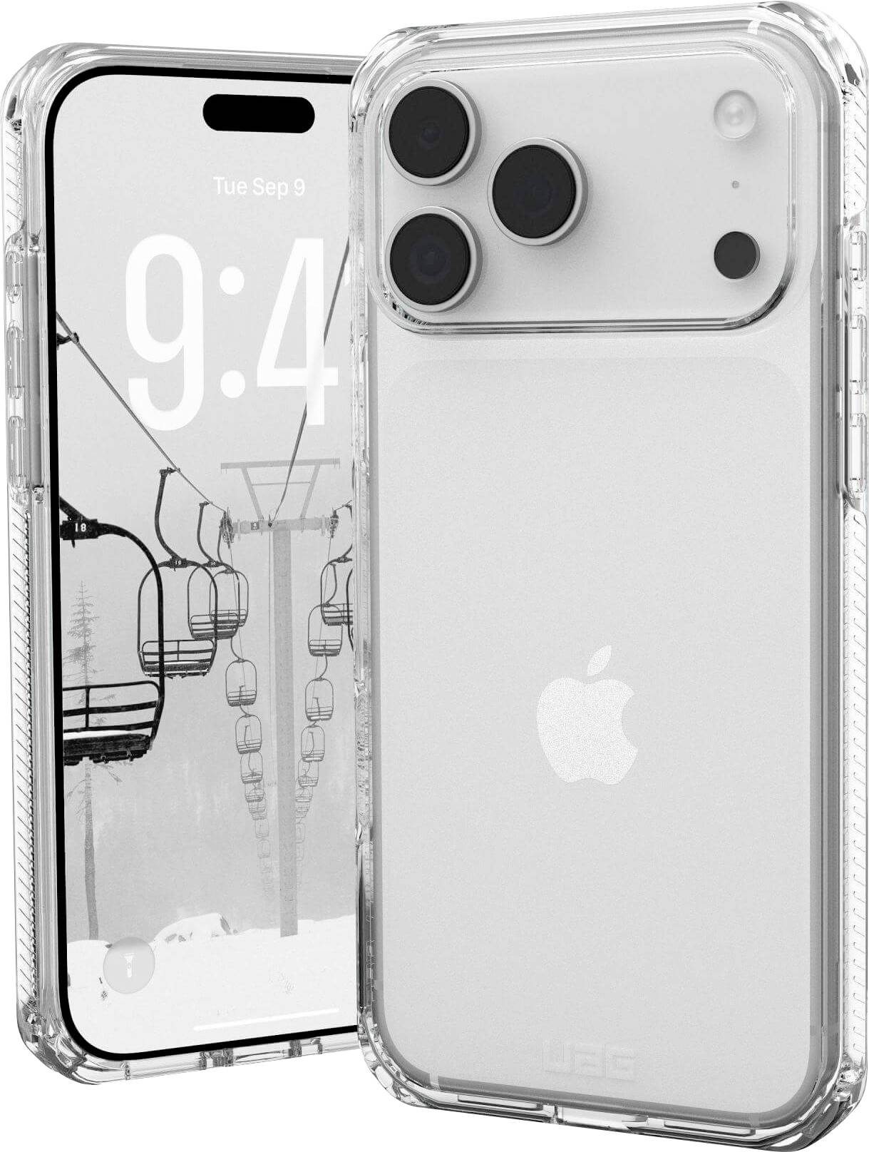 Průhledný mobilní kryt s viditelným modulem fotoaparátu zapadá na smartphone, který zobrazuje lyžařský vlek na obrazovce.