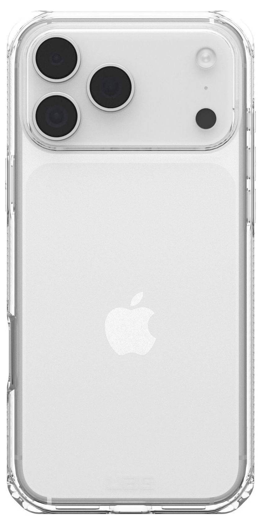 Smartphone s průhledným ochranným pouzdrem, zobrazující tři zadní fotoaparáty a logo uprostřed.