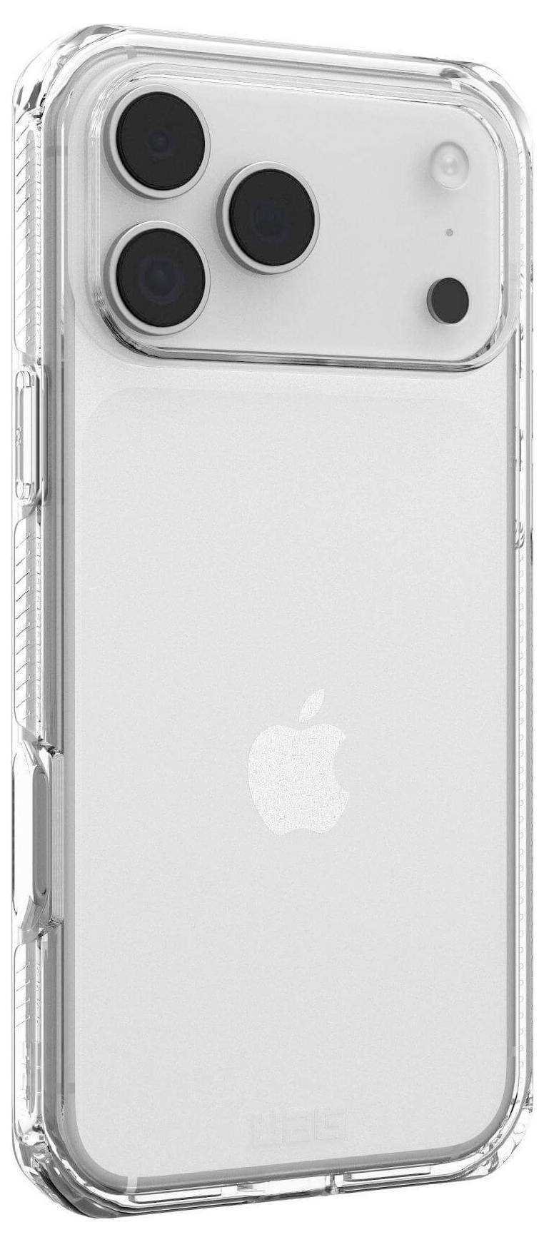 Moderní smartphone s průhledným pouzdrem, vybavený trojitou kamerovou sestavou a elegantním designem, s logem značky na zadní straně.