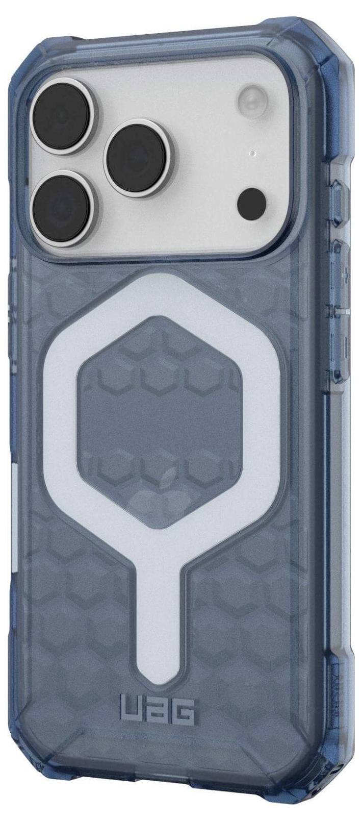 Chytrý telefon s modrým, odolným pouzdrem s šestiúhelníkovým vzorem. Pouzdro má tři výrazné objektivy fotoaparátu a logo 'UAG'.