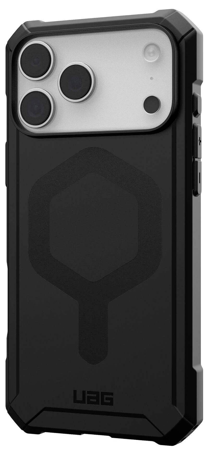 Odolný černý kryt na smartphone s vyztužanými rohy a texturovaným povrchem, navržený pro ochranu a dlouhou životnost.