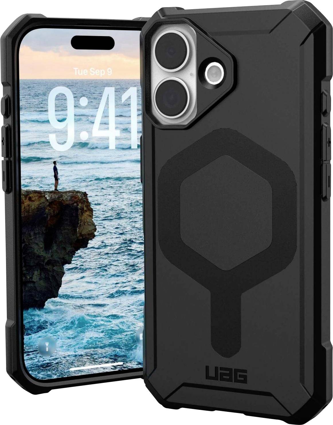 Odolný smartphone s duálním fotoaparátem, umístěný v černém ochranném krytu. Na displeji je zobrazena scenérie mořského útesu.