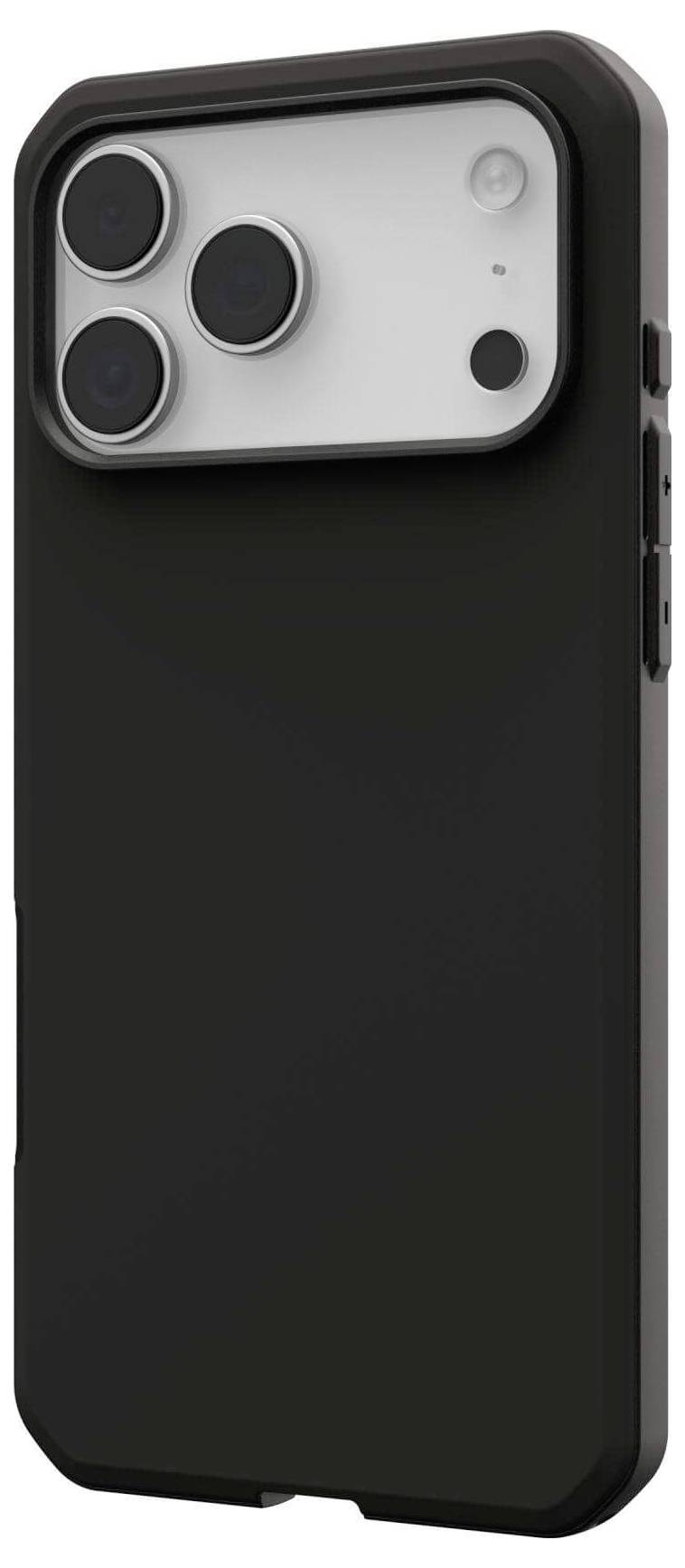 Černý obal na smartphone s výřezem pro trojitou sestavu fotoaparátu a blesku na zadní straně, navržený pro moderní model smartphonu.