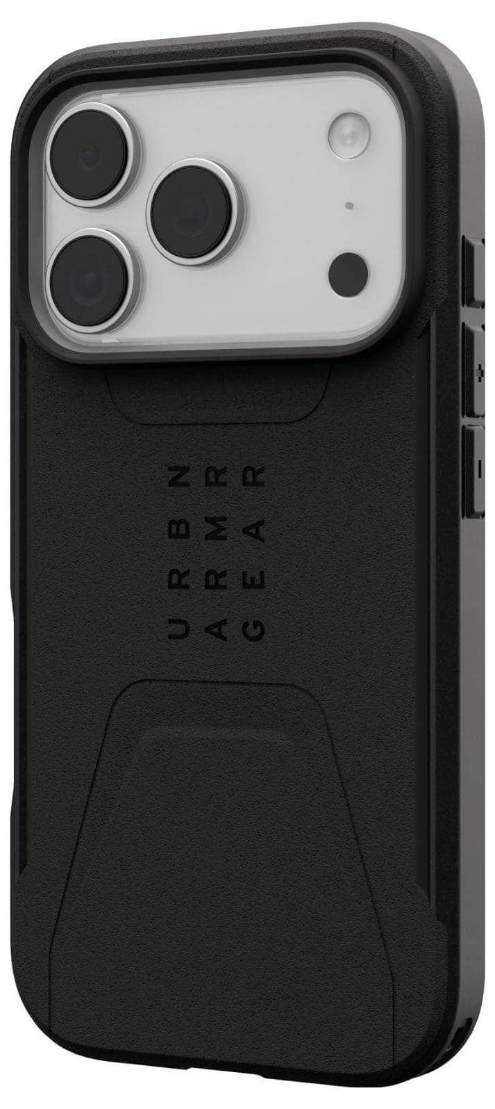Černý obal na smartphone se třemi výřezy pro fotoaparáty a textem 'URBN ARMR GEAR' reliéfně vytištěným na zadní straně.