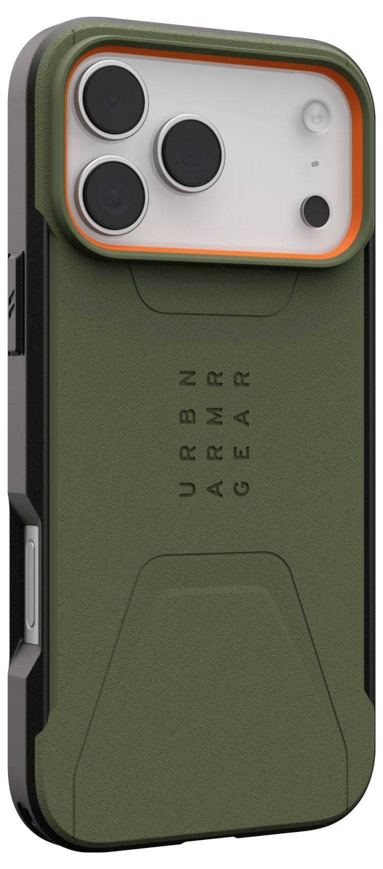 Zelený ochranný kryt na telefon Urban Armor Gear s texturovaným zadním povrchem, oranžovým lemováním a ochranným krytem fotoaparátu vhodný pro novější modely smartphonů.